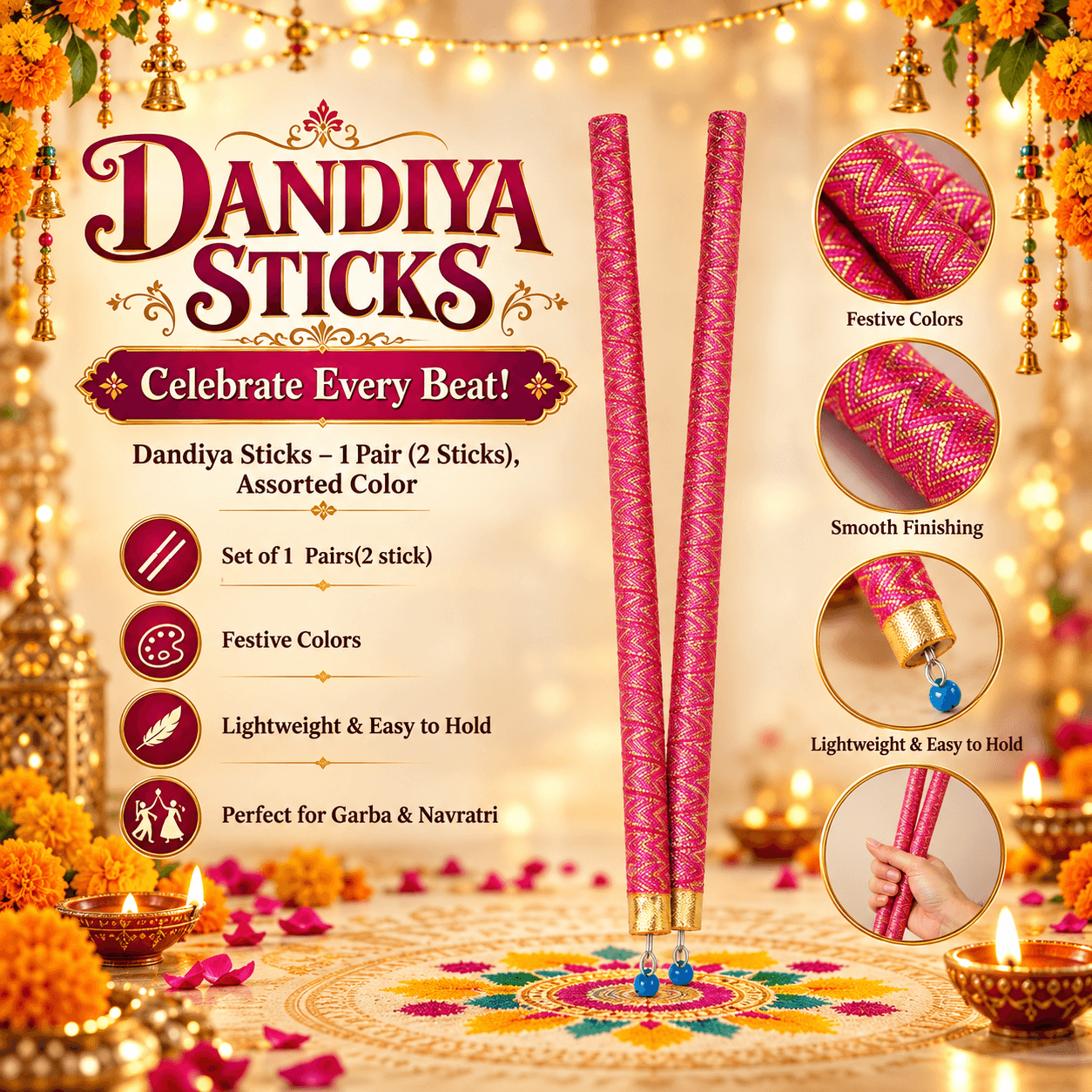 Dandiya Sticks for Navratri Garba & Dandiya Raas | Colourful Traditional Dance Sticks for Kids & Adults | 1 Pair, Dark Pink