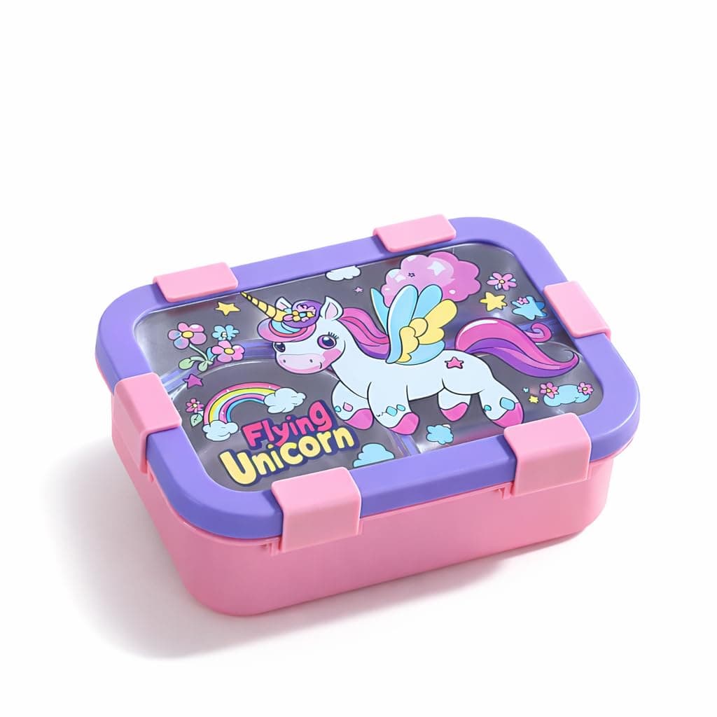 Flying Unicorn Kids Lunch Box 650ml | 3-Compartment Stainless Steel Bento Tiffin Box with Locking Clips, Pink & Purple