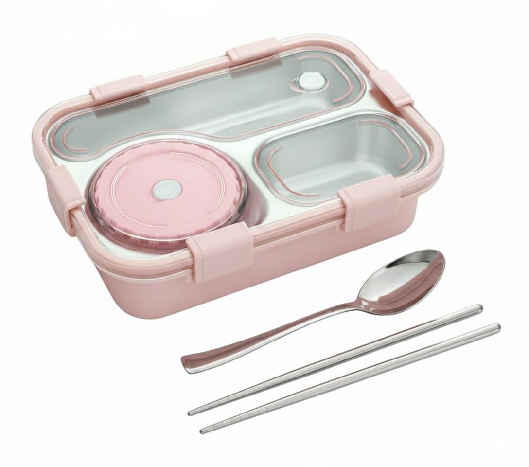 Insulated Stainless Steel Lunch Box with Containers & Utensils | Airtight Leak Proof Bento Box for Office, School & Travel Pink