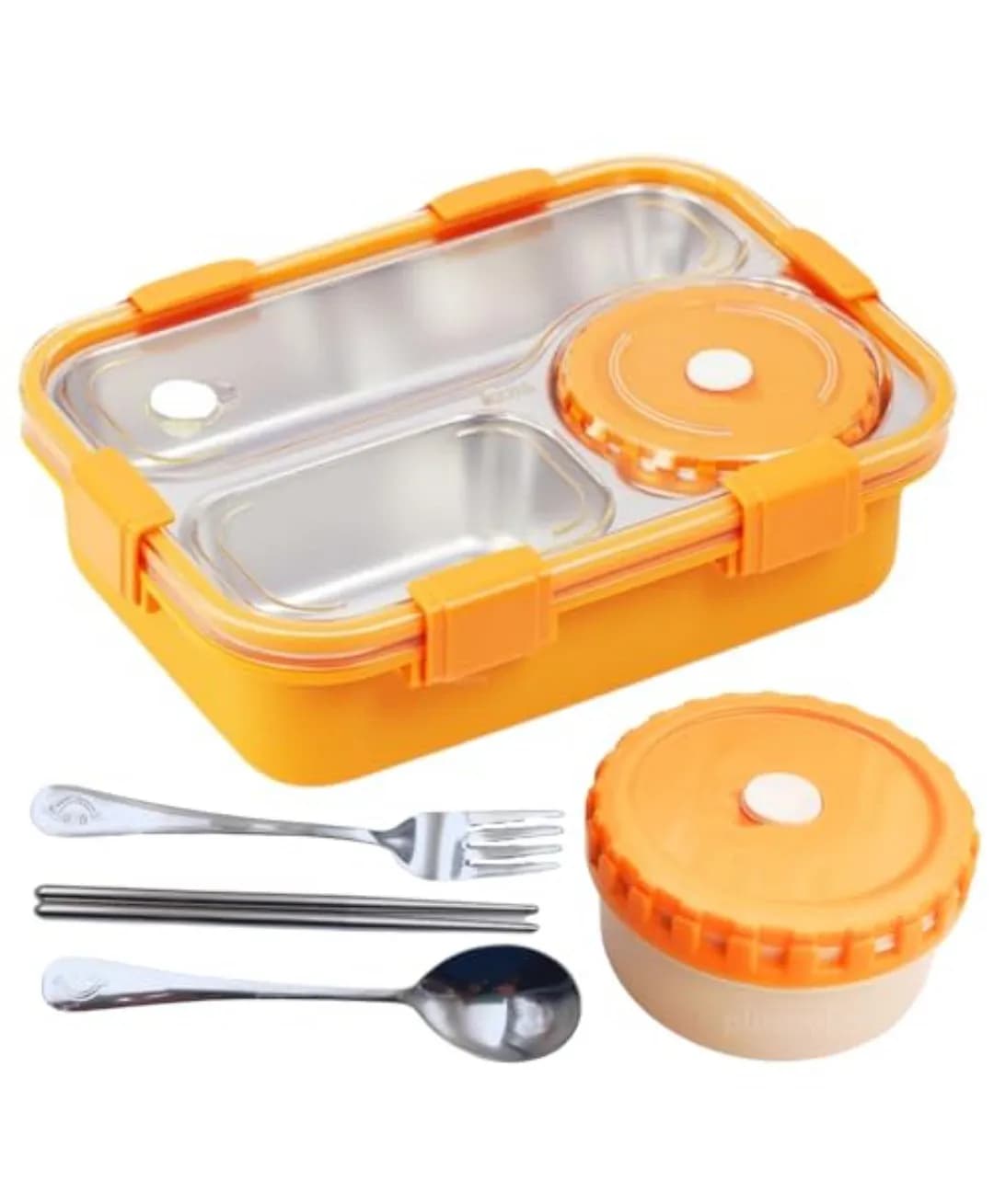 Insulated Stainless Steel Lunch Box with Containers & Utensils | Airtight Leak Proof Bento Box for Office, School & Travel Orange