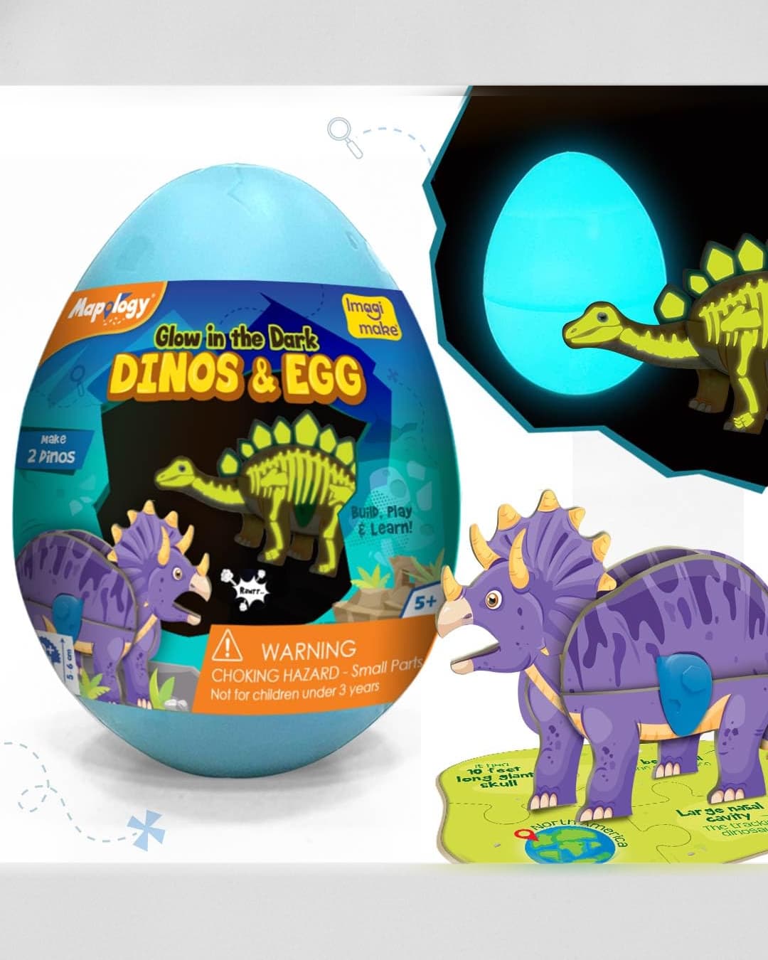 Imagimake Mapology Glow in the Dark Dinos & Egg – 3D Dinosaur Puzzle Toy for Kids | Build, Play & Learn (Blue)