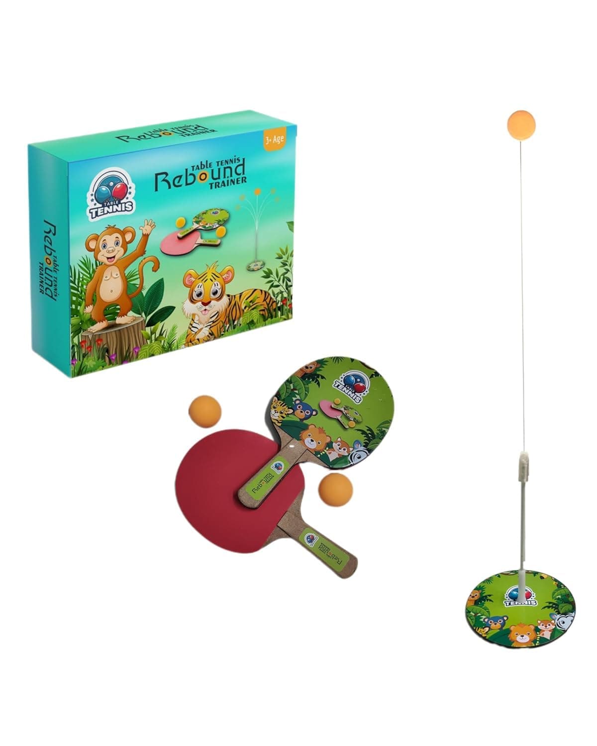 Jungle Theme Table Tennis Rebound Trainer Set | Portable Ping Pong Practice Kit | Solo Training Equipment for Kids & Adults
