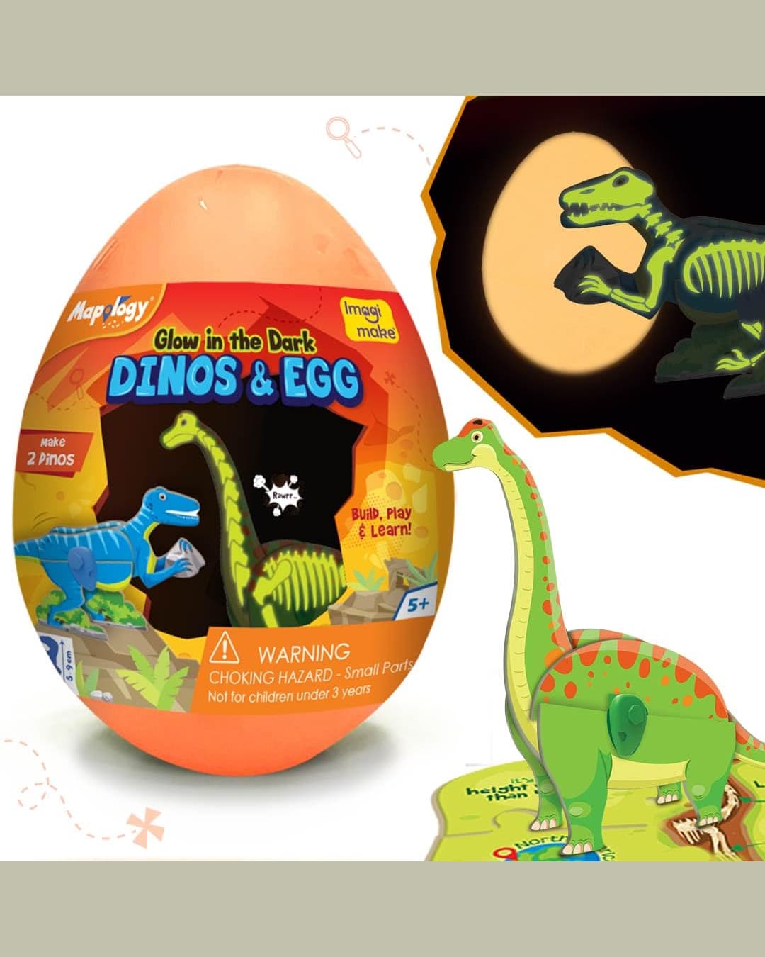 Imagimake Mapology Glow in the Dark Dinos & Egg – 3D Dinosaur Puzzle Toy for Kids | Build, Play & Learn (Orange)