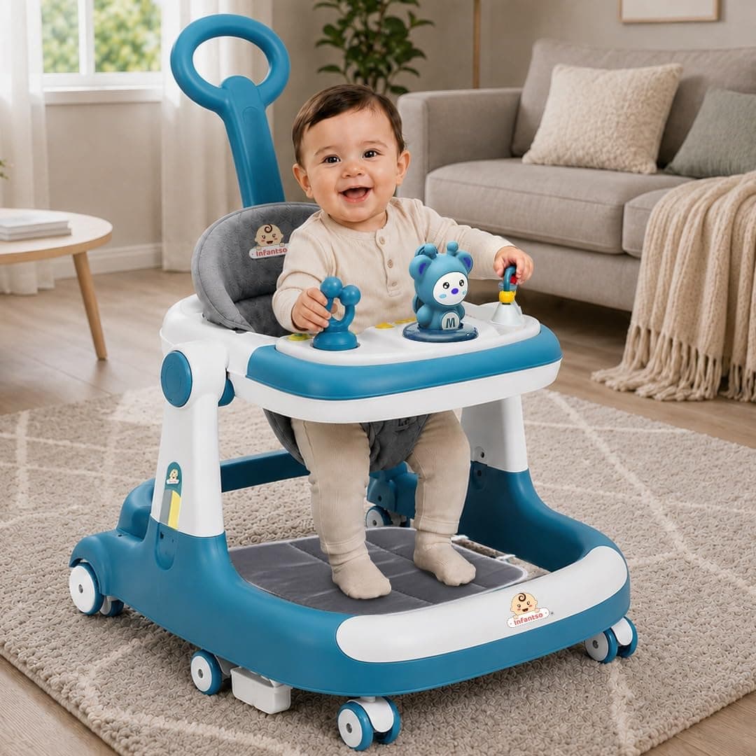 Infantso TEDDY STEADY (4-in-1) Premium Baby Push Walker, Bouncer, Feeding & Toy Tray|Baby Walkers 6-24 Month Boy & Girl / 360° Walker for Kids 1 Years with Multi Adjustable Height/Baby Activity Walker