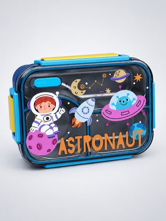 Astronaut Print 3-Compartment Stainless Steel Lunch Box | Kids School Food Storage Container | Stylish Blue Lunch Box