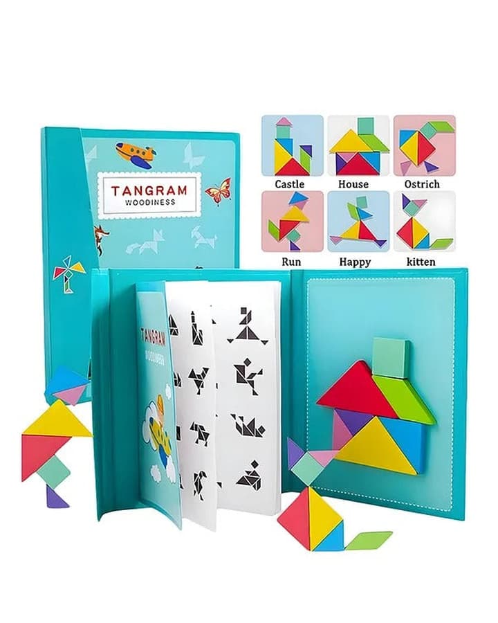 Jollyora Wooden Tangram Travel Game Magnetic Jigsaw Puzzle Montessori IQ Teaser Shapes with Solution Traveler Challenge Blocks Board Game for Kids - PACK OF 1 - COLOR MAY VARY