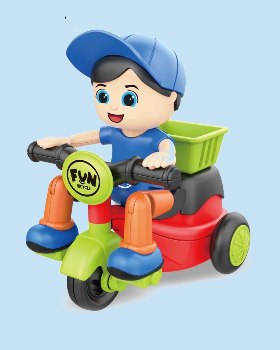 Cartoon Tricycle Push & Go Toy 12 Pcs Multicolour | Inertia Food Delivery Car Toy Set for Kids Ages 3+