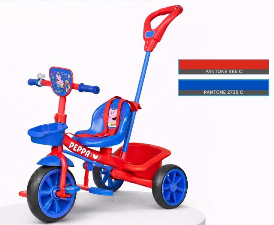 Winmore Peppa Pig Parental Tricycle with Plaque for Kids, 3-Wheel Ride-On Cycle, Red & Blue, Sturdy & Fun Outdoor Toy