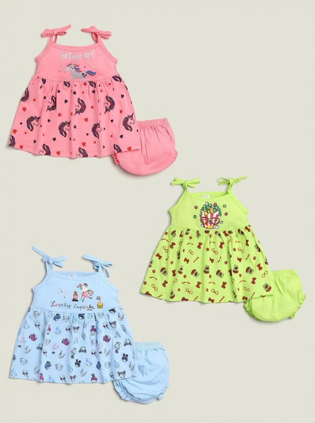 Mars Infiniti Girls Casual Frock with Bloomer in Pink, Neon Green, Light/Sky Blue - Magical Lovely Cupcake Design