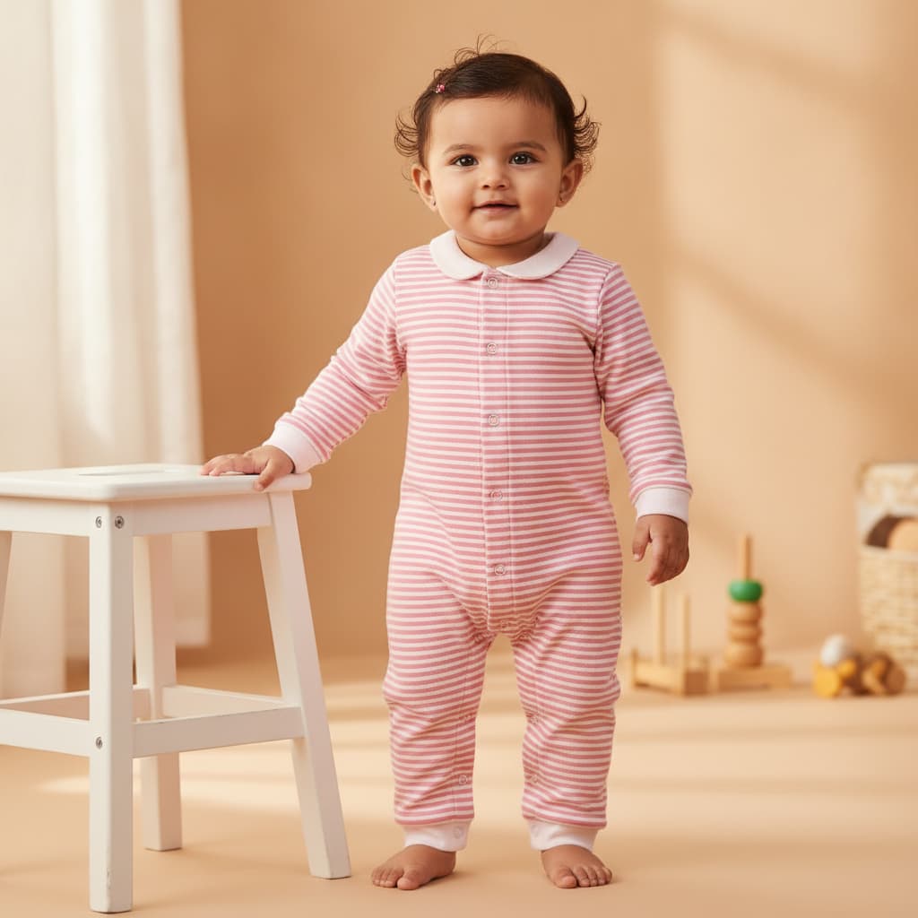 Nino Bambino Pink Organic Cotton Full Sleeve Romper with Peter Pan Collar for Girls