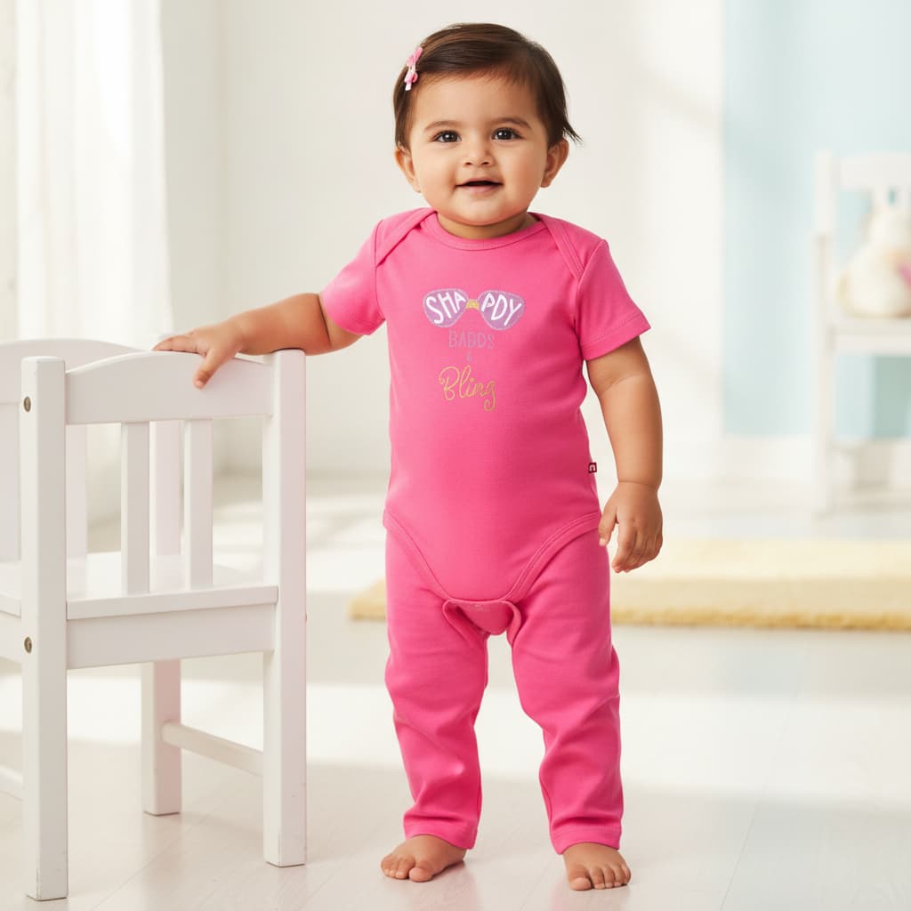 Nino Bambino Girls Fuchsia Organic Cotton Onesie with Round Envelope Neck, Short Sleeves & Snap Button Closure