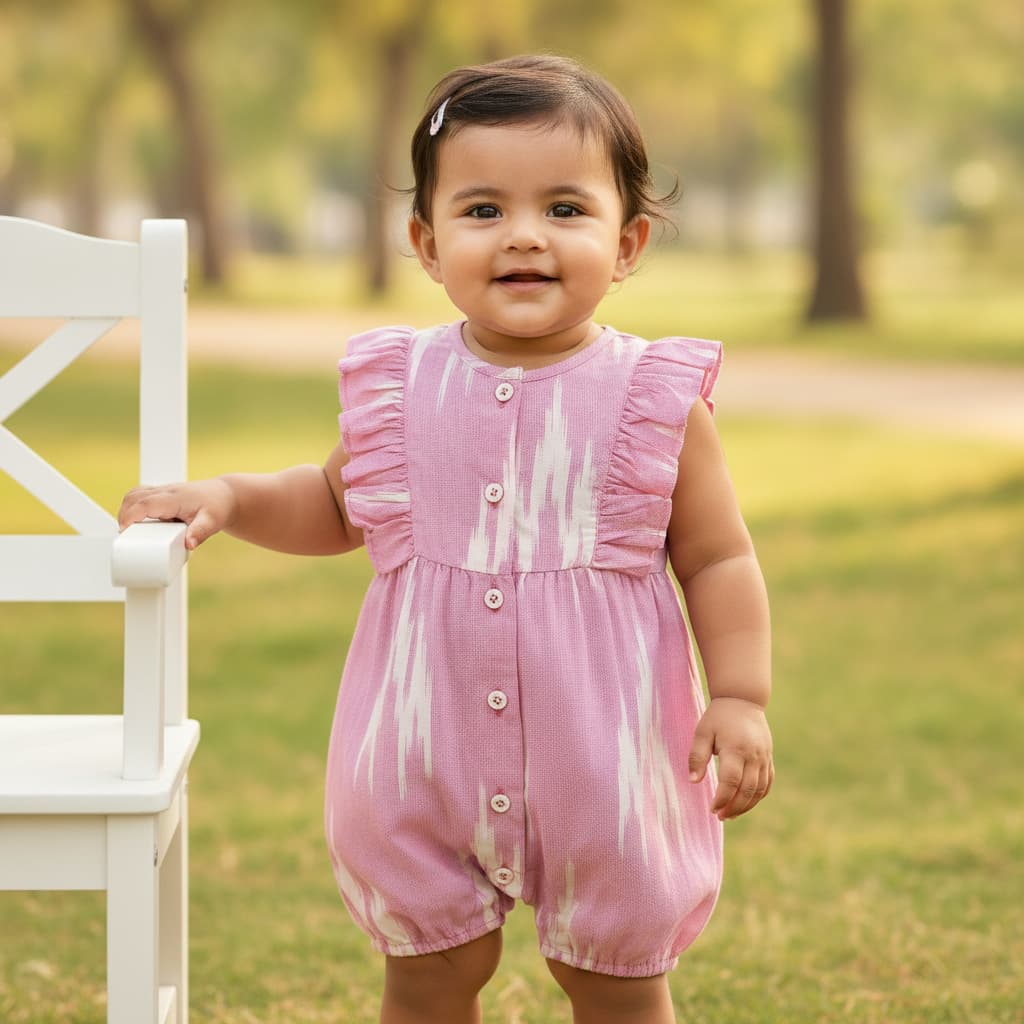Nino Bambino Pink Organic Cotton Short Sleeve Romper for Girls - Casual Summer Wear