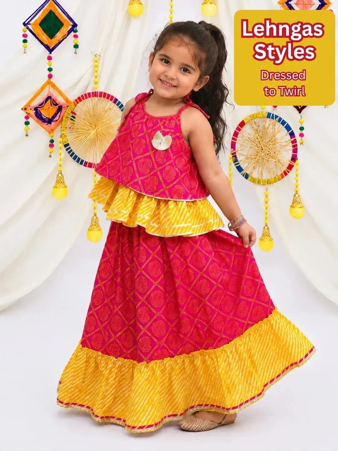 BownBee Pink Cotton Lehenga Choli for Girls - Formal/Partywear, All Season, Singlet Sleeve with Shoulder Tie Up