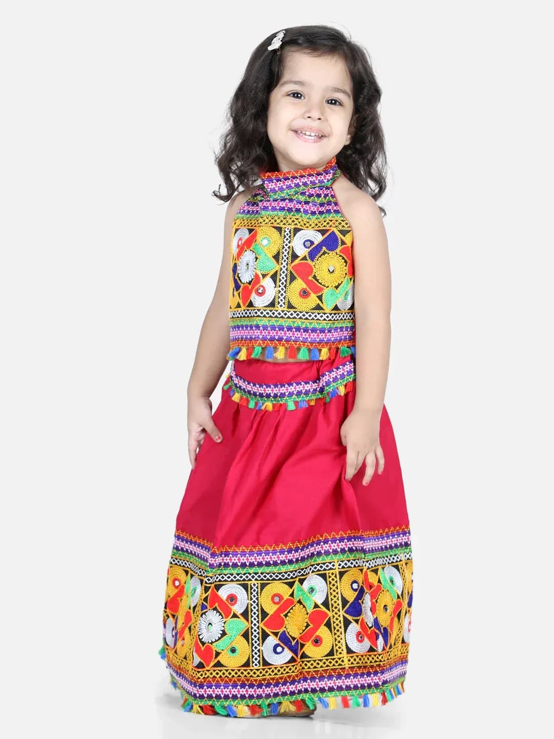 BownBee Pink Cotton Lehenga Choli for Girls - Sleeveless Halter Neck Partywear Ethnic Wear