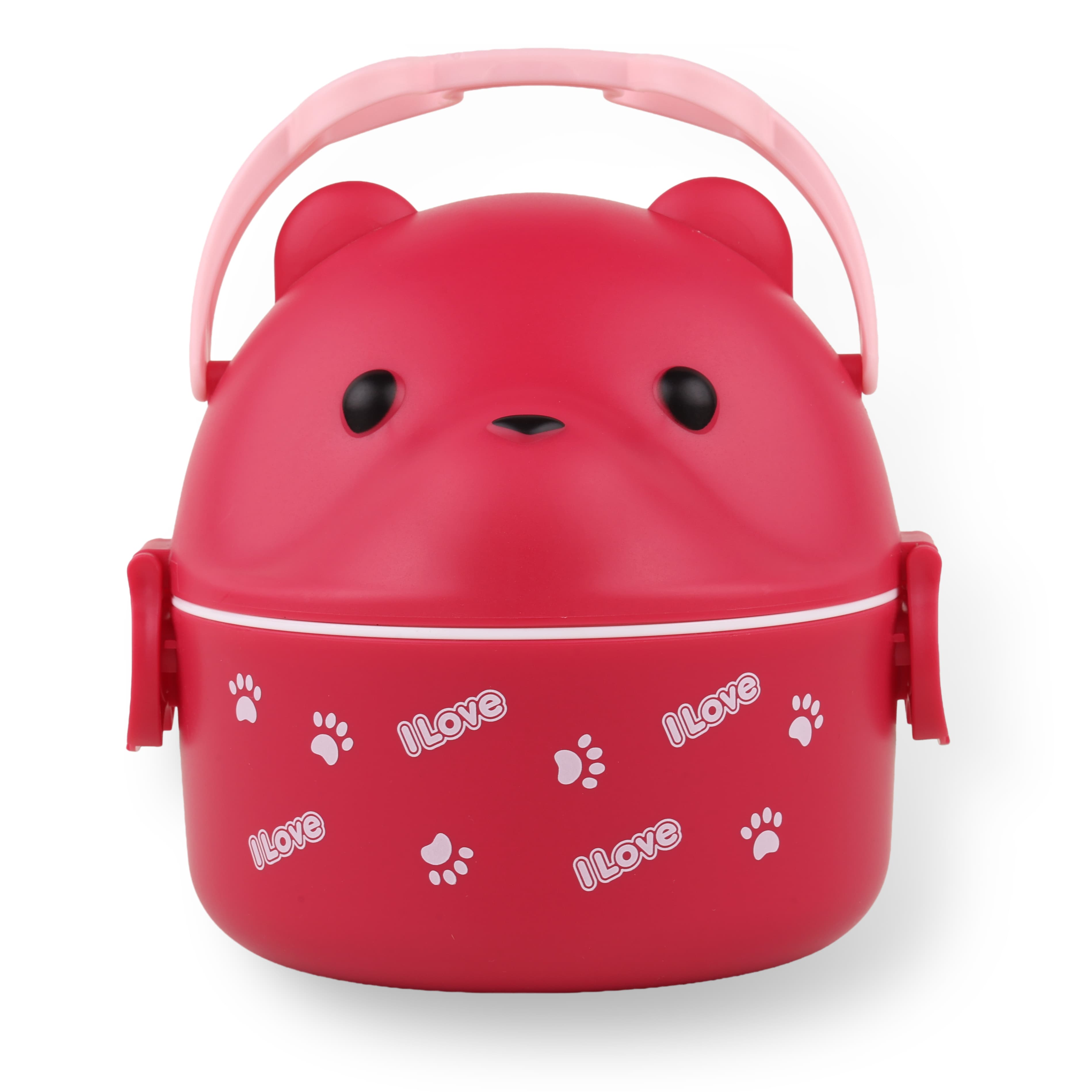 Stackable Lunch Box Double Layer With Spoon Inside, Bear With Glasses Theme Lunch Containers (Pink)