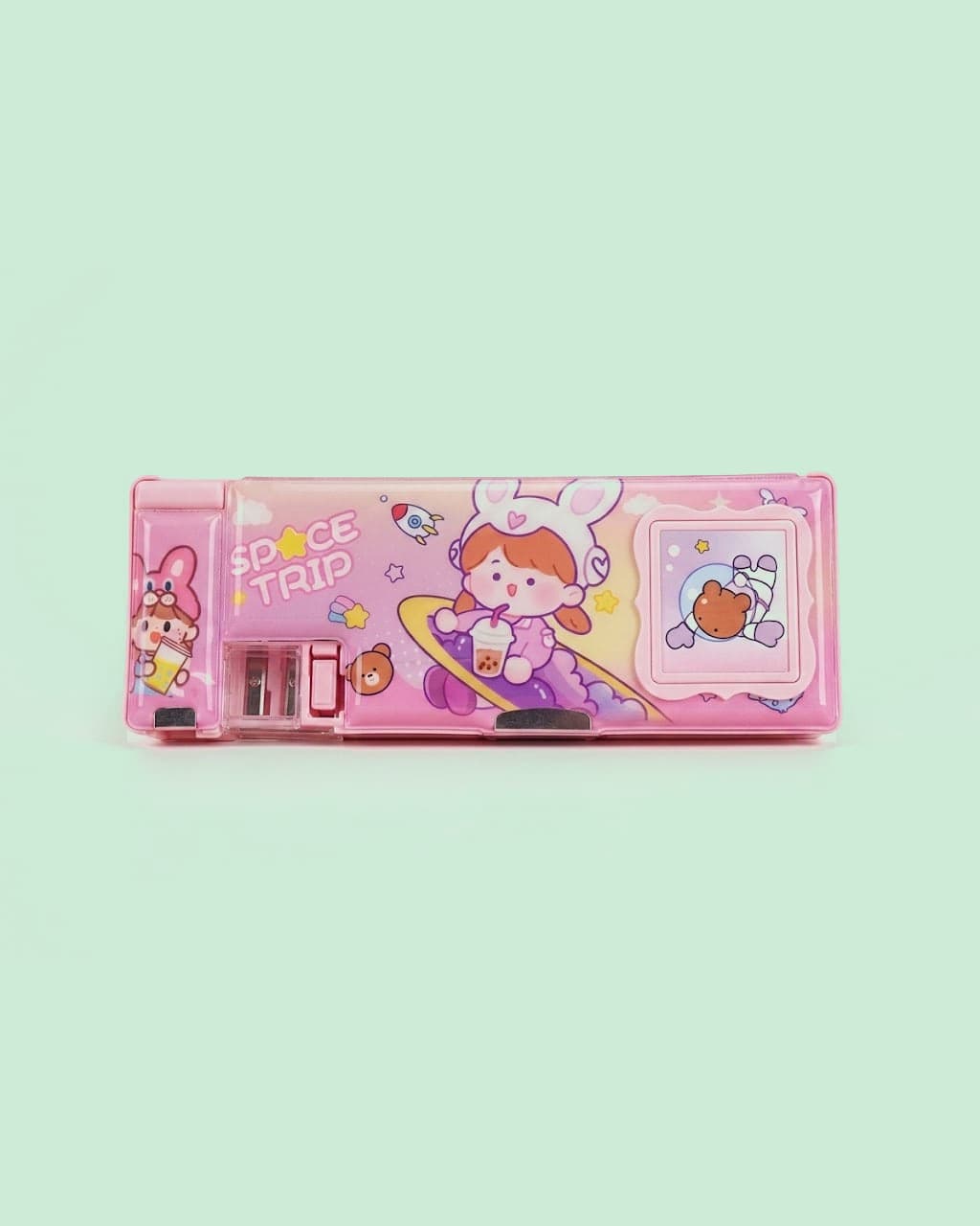 Space Trip Magnetic Pencil Box with Calculator & Dual Sharpener, Big Pink Cartoon Case for Boys & Girls School