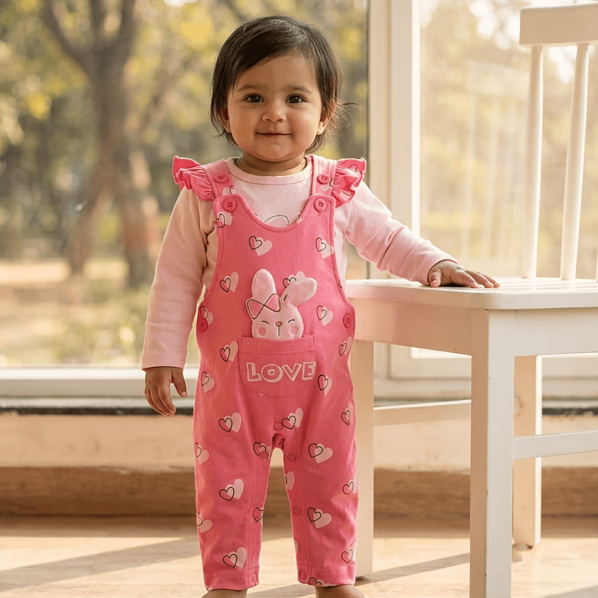 Knok Knok Pink Cotton Dungaree Set for Girls with LOVE Text - Full Length Casual Wear