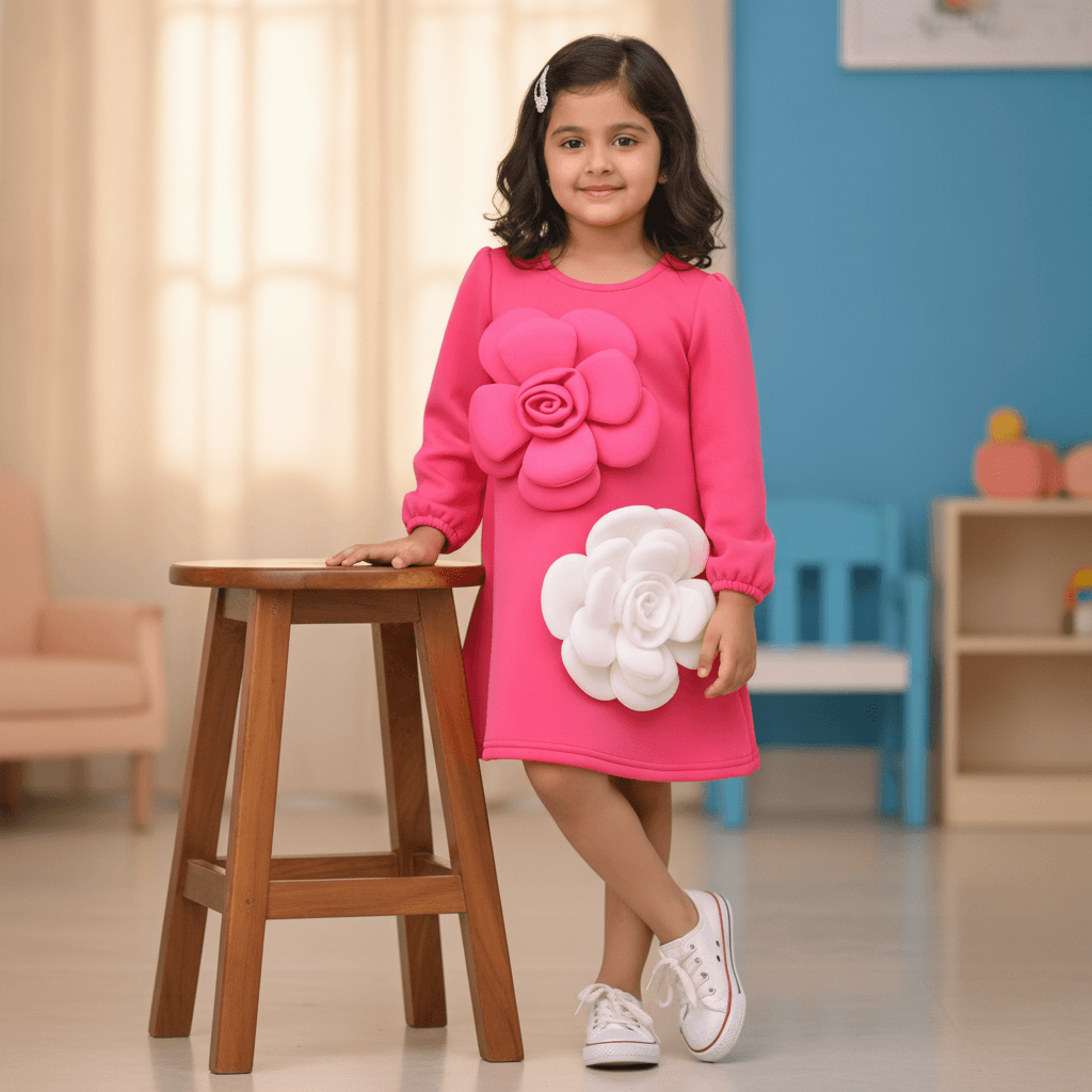 Hopscotch Pink Full Sleeve One Piece Dress for Girls - Formal/Partywear, All Season, Polyester