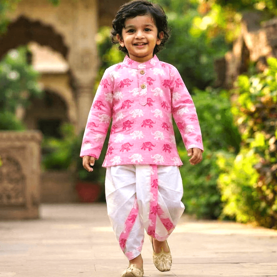 Cuddly Cubs Pink Dhoti Kurta Set for Boys - Cotton Full Sleeves Mandarin Collar Formal/Partywear All Season