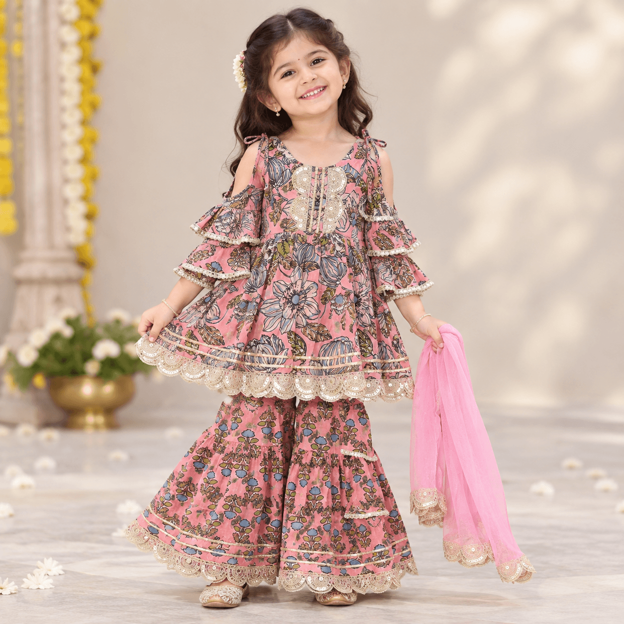 Cuddly Cubs Pink Cotton Blend Cold Shoulder Kurti & Sharara Set for Girls - Formal/Partywear All Season