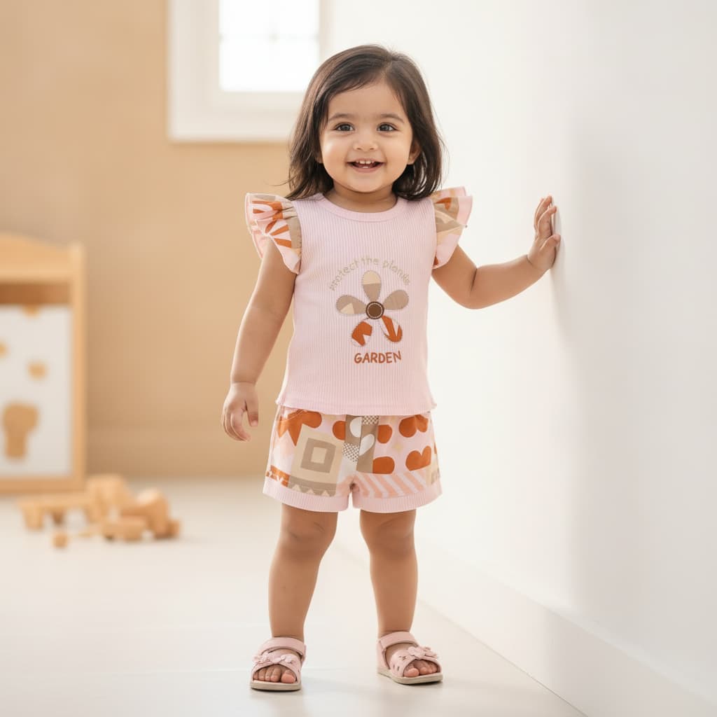 Jelly Bee's Girls Pink Cotton Top & Shorts Set with Garden Print for Summer Casual Wear