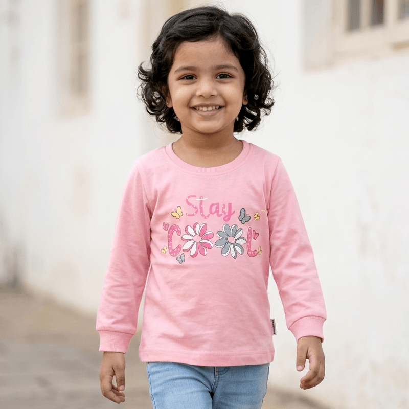 Hazelnuts Girls' Casual Cotton T-Shirts with Full Sleeves and "Stay COOL" Print in Pink