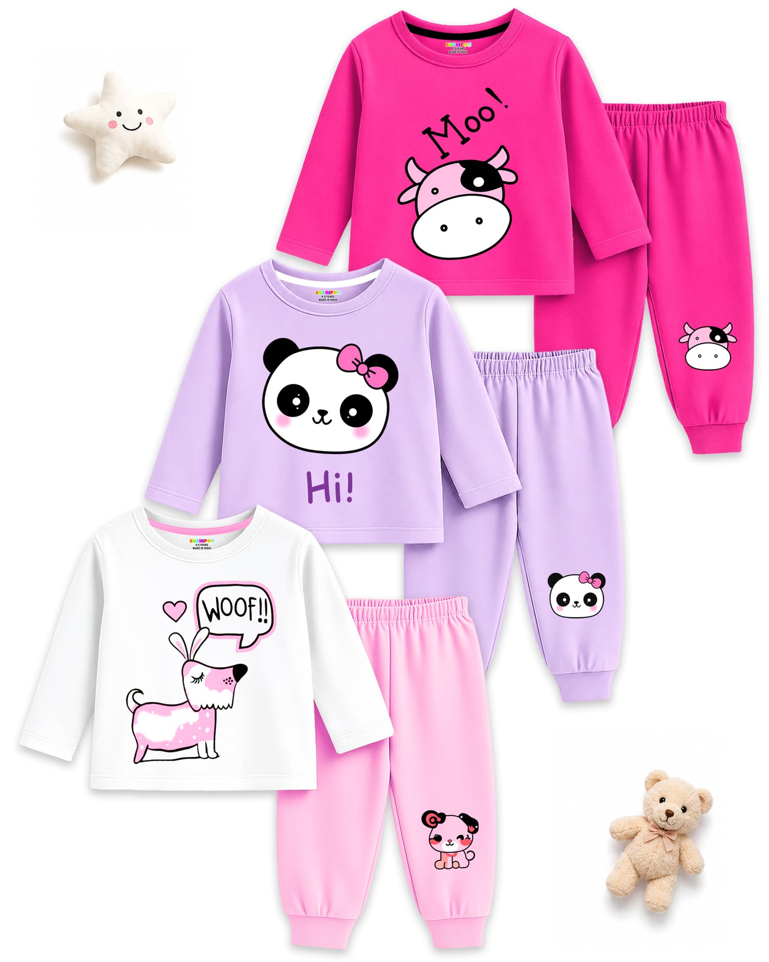 Kuchipoo Girls Casual Pink, Lavender & White T-shirt & Joggers Set with Full Sleeves and Elasticated Waist