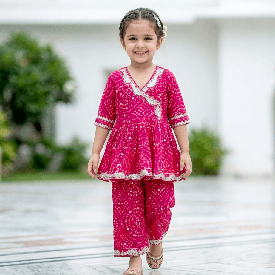 Novelle Heritage Pink Cotton Kurta and Palazzo Set for Girls - Formal/Partywear, All Season, Half Sleeves, V Neck