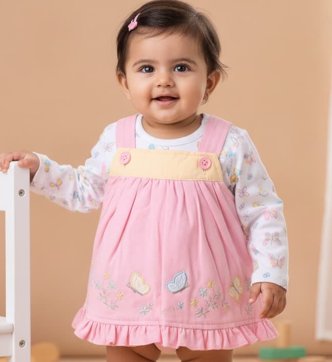 Candyhouse Pink Full Sleeve Frock with Inner Tee for Girls - Casual All Season Wear