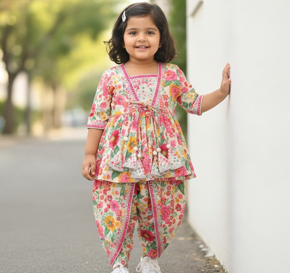 Novelle Heritage Pink Half Sleeve Kurti & Dhoti Set for Girls - Formal/Partywear All Season
