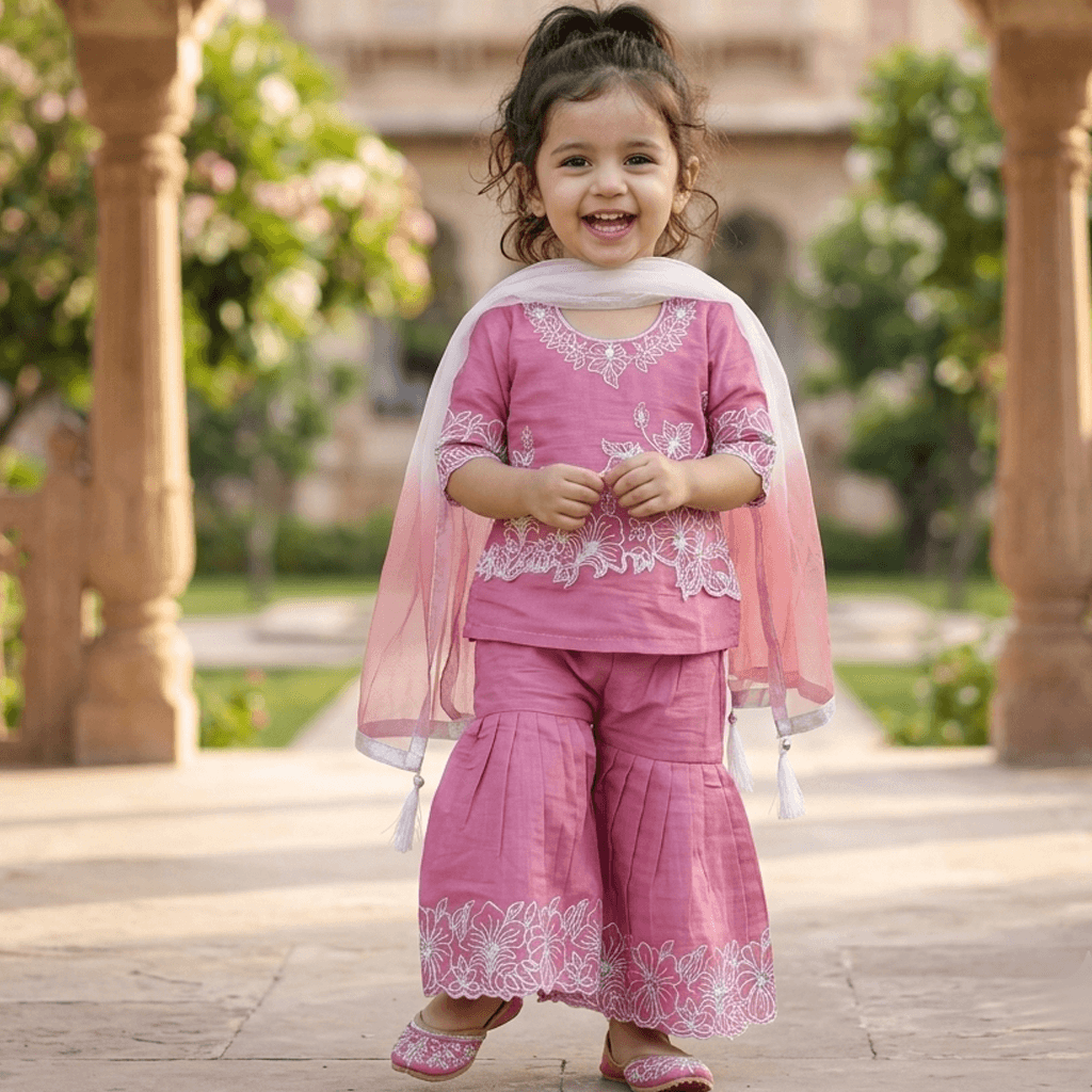 PINK-CLIFF Girls Ethnic Wear Pink Kurti & Sharara Set for Formal/Partywear All Season
