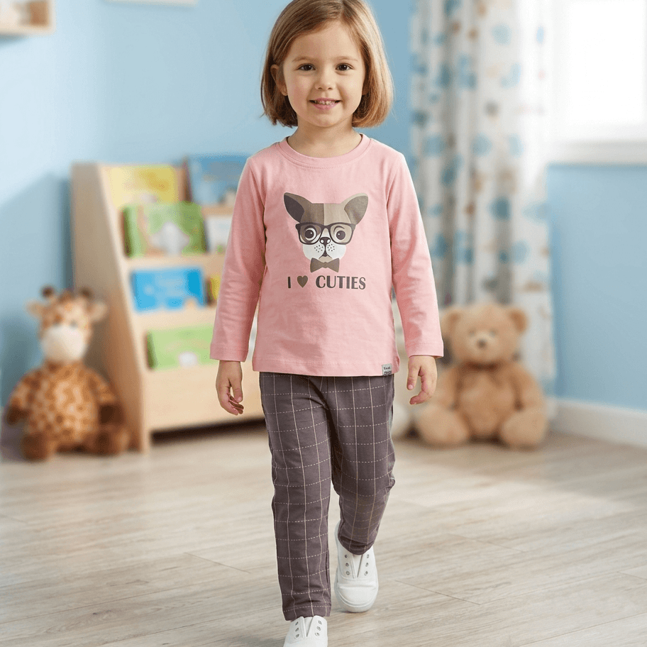 Teddy Girls' Casual Pink Cotton Full Sleeve Top & Pant Set with "I CUTIES" Print