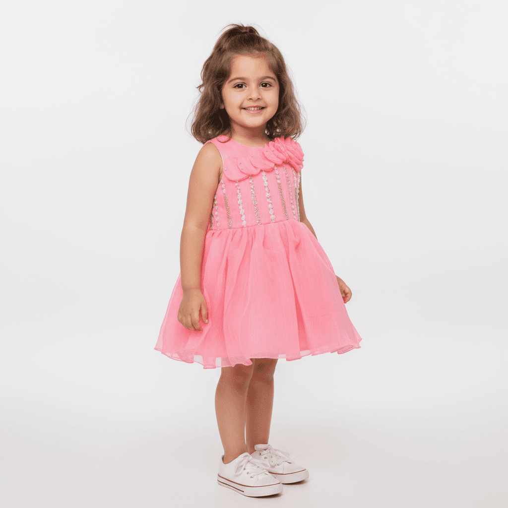 SM Baby Pink Sleeveless Party Dress for Girls with Round Neck and Back Zipper