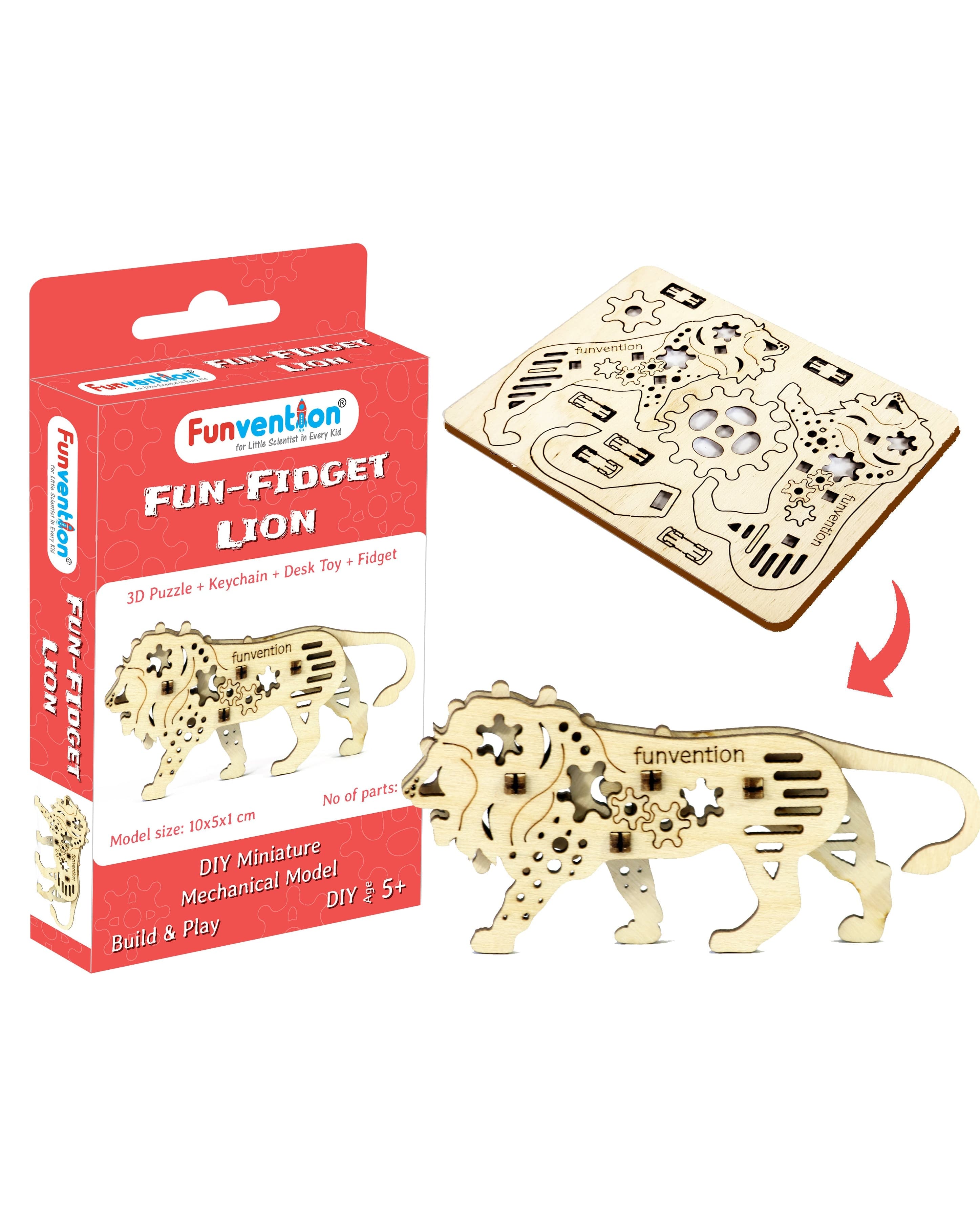 Funvention Fun-Fidget Lion Miniature Mechanical Model Wooden Puzzle Keychain and Desk Fidget Toy White
