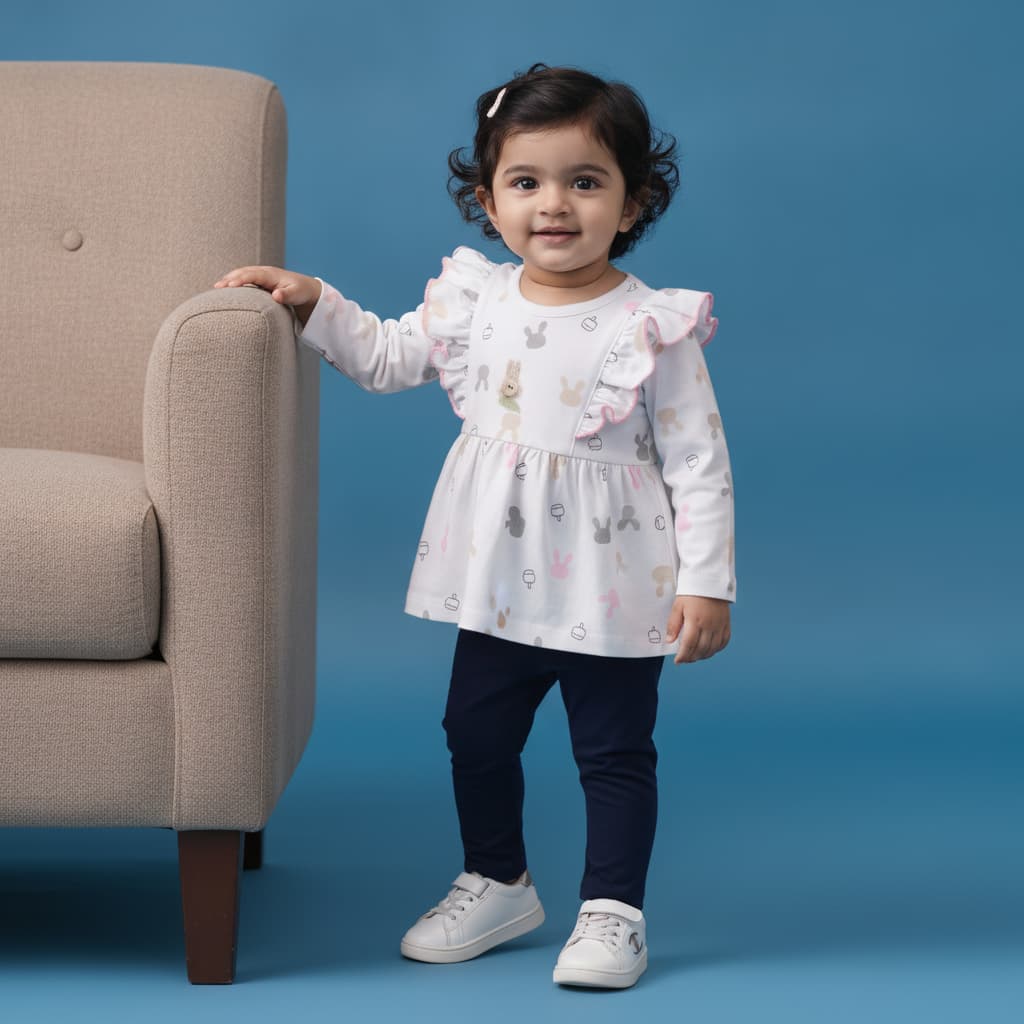 Candyhouse Girls' Casual Cotton Top & Pant Set in White with Full Sleeves and Leggings