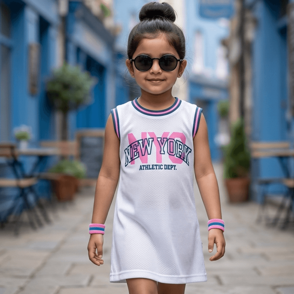Happy Faces Girls White Cotton One-Piece Frock | Short Sleeves Round Neck Slip-On Casual Dress