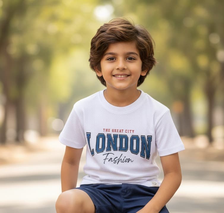 Happy Faces Boys White Cotton T-Shirt | Half Sleeves | Round Neck | “THE GREAT CITY LONDON FASHION” Text | Slip-On | All-Season Wear