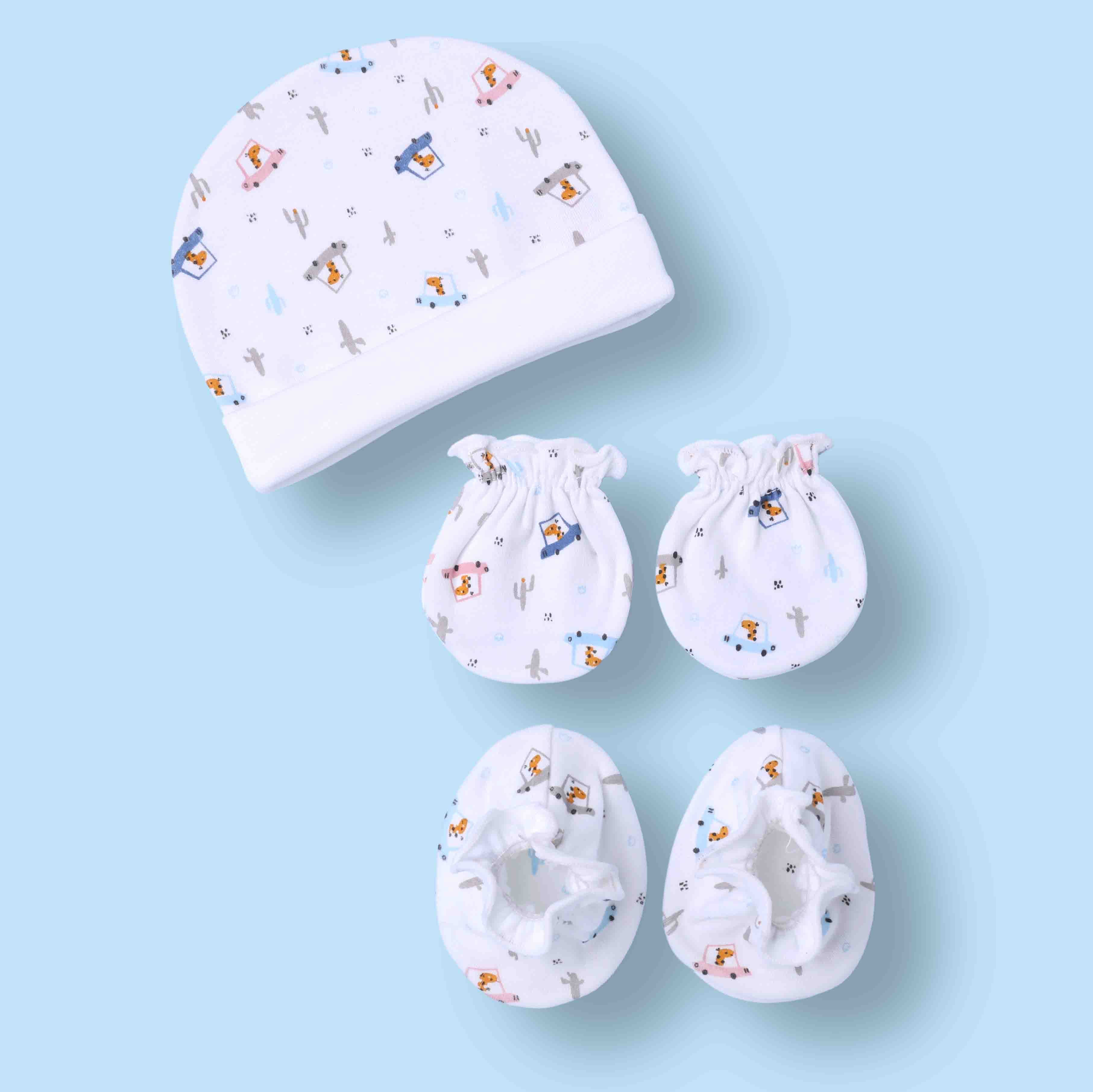 Ben Benny Unisex White Booties, Mittens & Hat Set with All Over Prints for Daily Wear, Sports, Travel & Formal Occasions, Machine Wash