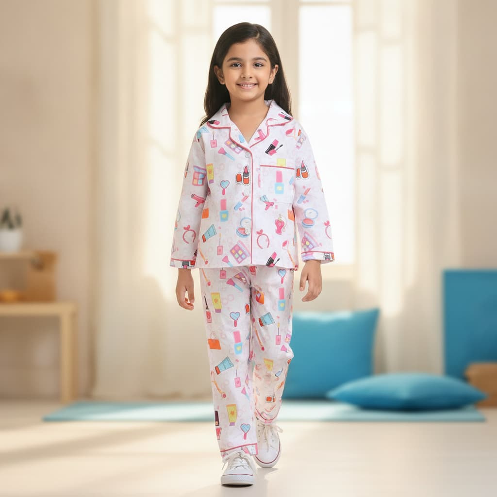 Knitting Doodles Girl Cotton Full Sleeve Scrub Pyjama Set for All Season Casual Wear in White
