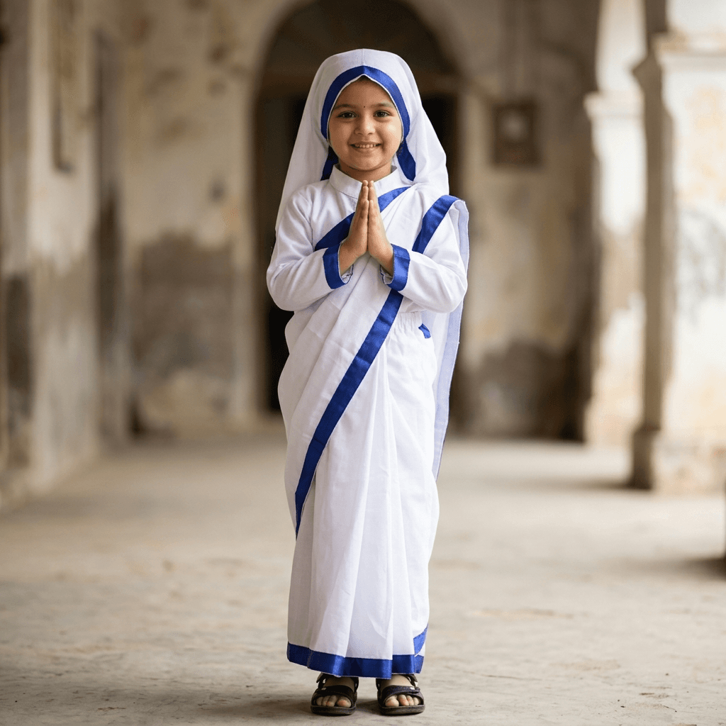 Mother Teresa Costume (Girls, White, Full Sleeve Mandarin Collar Top & Full Length Bottom) – KAKU FANCY DRESSES
