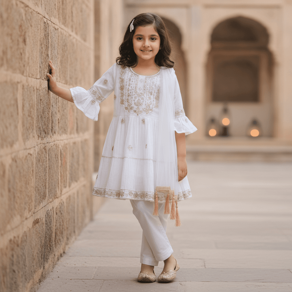 PINK-CLIFF Girls White Cotton Blend Kurti Pyjama Set – Half Sleeve Round Neck Partywear
