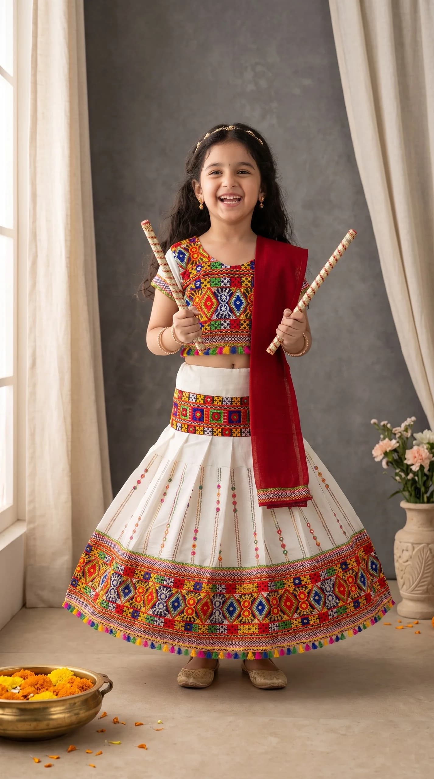 Ahhaaaa White Lehenga Choli for Girls -Formal/Partywear, All Season, Short Sleeve, Round Neck, Back Tie Up