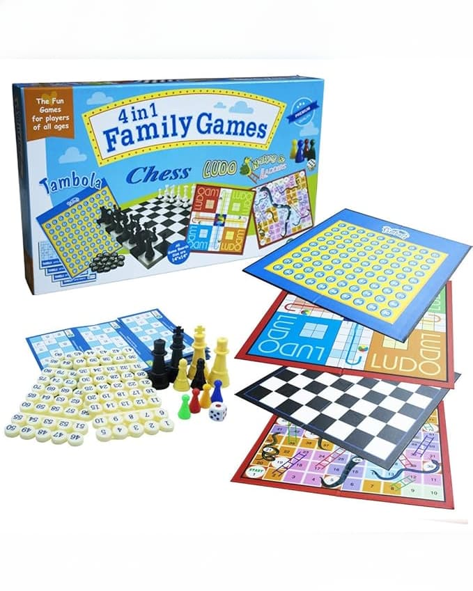 EKTA 4 in 1 Family Strategy Board Games Tambola Chess Ludo and Snakes & Ladders Educational Family Games Fun & Strategy Games Multicolor for 2 Years or Above