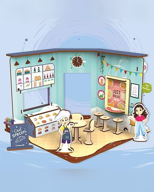 Webby DIY Wooden Kids Cafe Playhouse Doll House Set with Service Counter Dining Space Takeout Window and Display Board for Boys and Girls