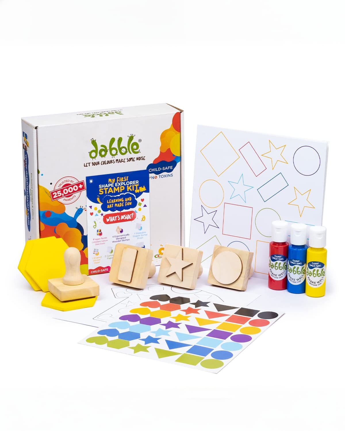 Dabble My First Shape Explorer Stamp Kit | Non-Toxic Washable Finger Paints & Wooden Stamps