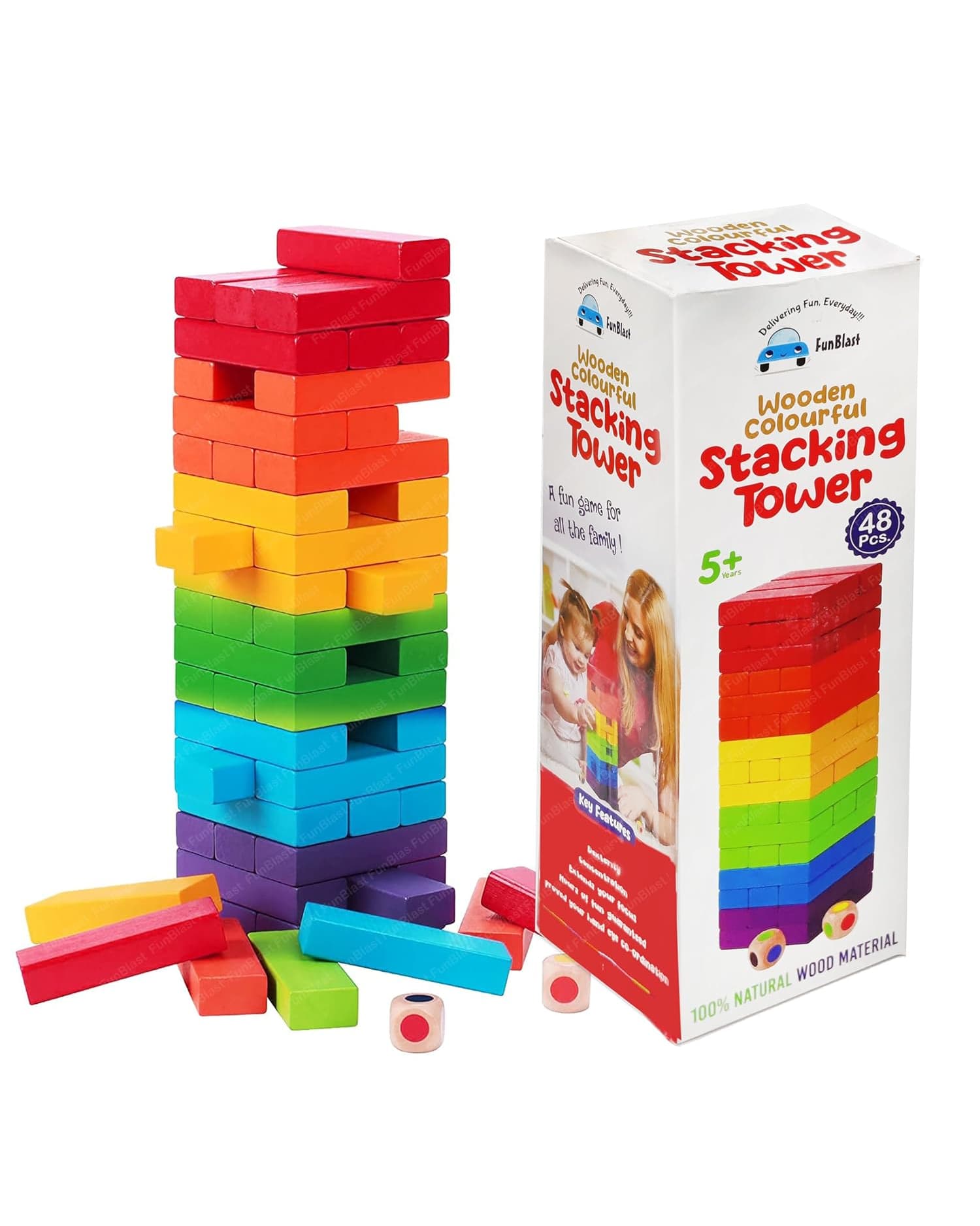 FunBlast Wooden Stacking Tower Blocks 48 Pcs with Dice Educational Puzzle Game for Kids and Family
