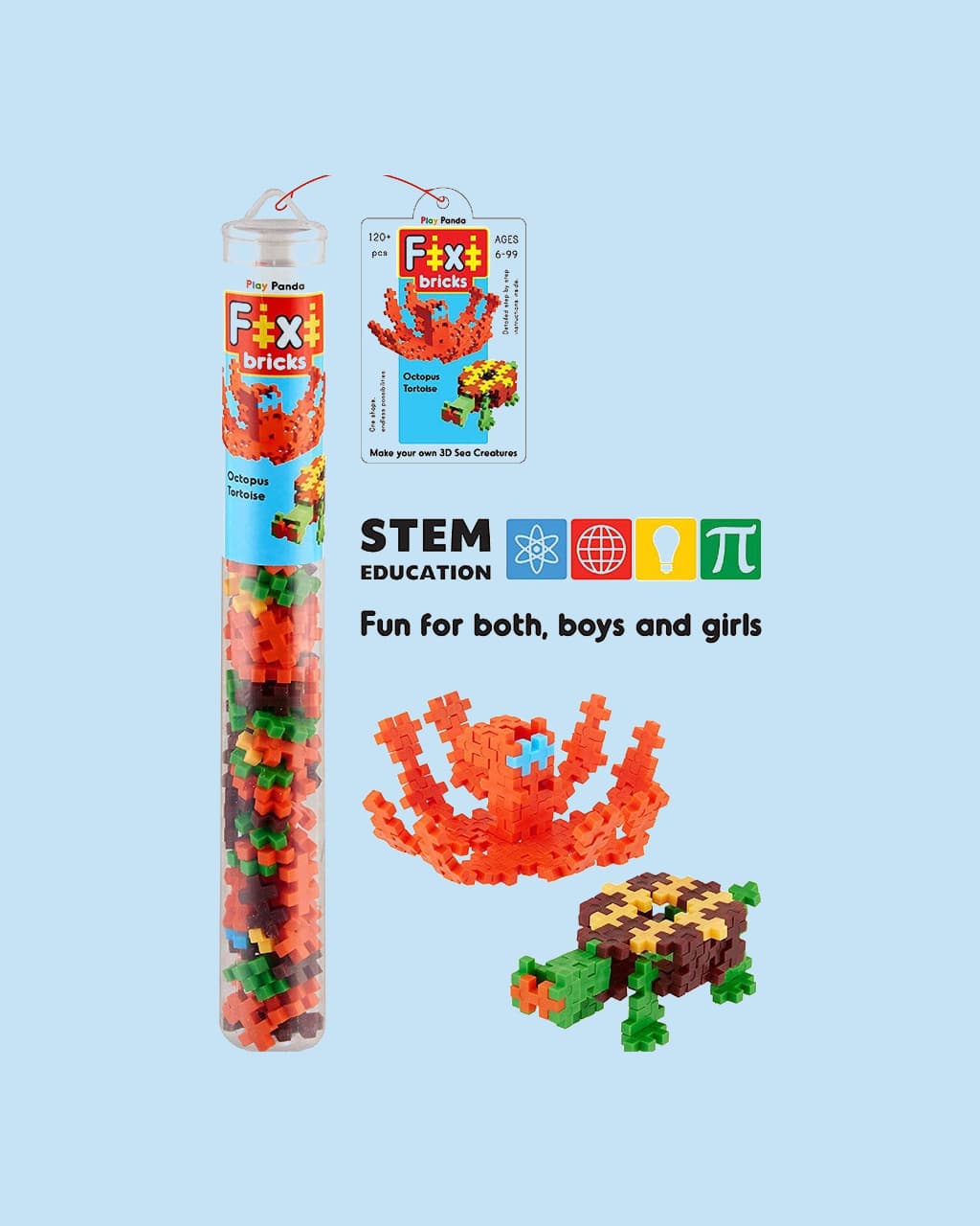 Play Panda Fixi Bricks Aqua Tube 2 | Octopus & Tortoise Building Set with 120 Small Bricks
