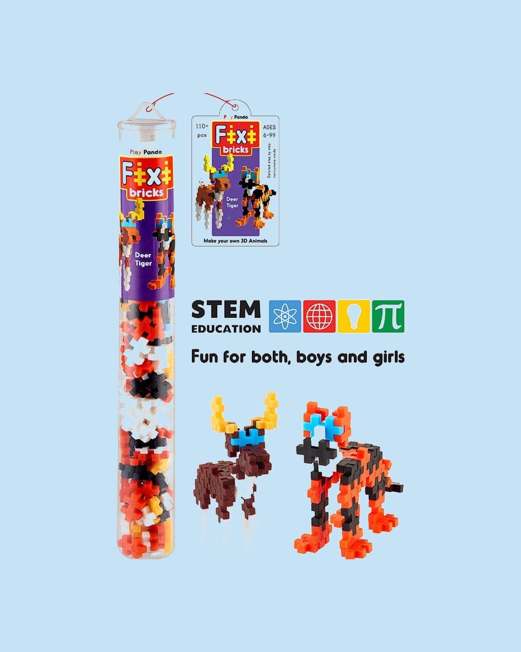 Play Panda Fixi Bricks Jungle Tube 3 | Tiger & Deer Building Set with 110 Small Bricks for Kids