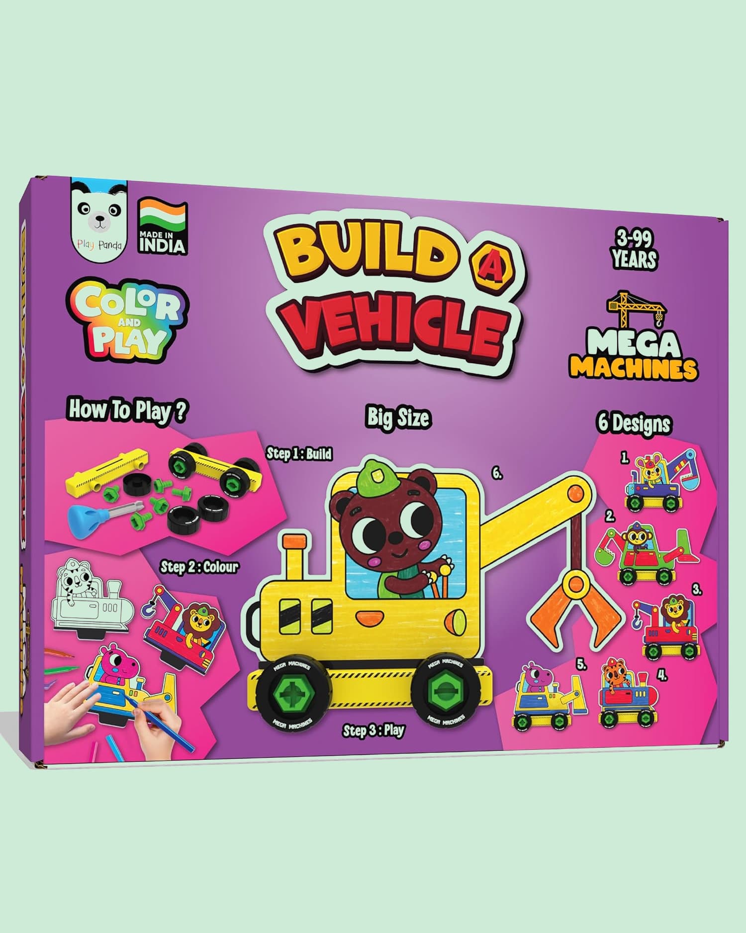 Play Panda Mega Machines Build & Colour Activity Kit with 21 Parts, 12 Sketch Pens & 6 Design Sheets for Kids 3+