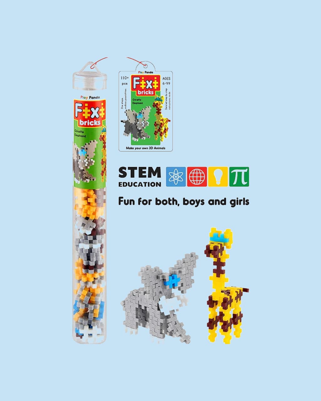 Play Panda Fixi Bricks Jungle Tube 1 | Elephant & Giraffe Building Blocks Set with 110 Small Bricks